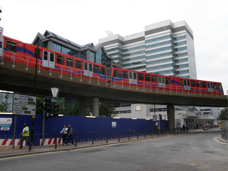The Docklands Light Railway approaching South Quay station