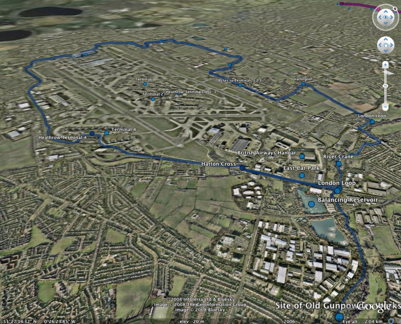 Google Earth showing my tubewalk around Heathrow Airport
